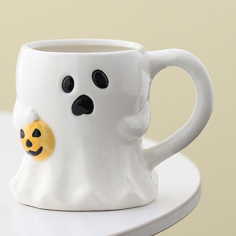 Roztomilé hrnčeky z bieleho porcelánu s tematikou ghúlov, odolná keramika, ideálne na halloweenske dekorácie alebo do kancelárie
