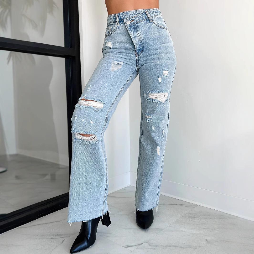 

European-American Straight-Leg Cowboy Pants with Frayed Holes and Unique Slanted Waist S светло-синий
