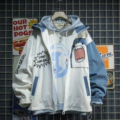 Spring Autumn Woman Hooded Cute Shark Print Patchwork Teen Hoodies Jacket Harajuku Men's Sweatshirt