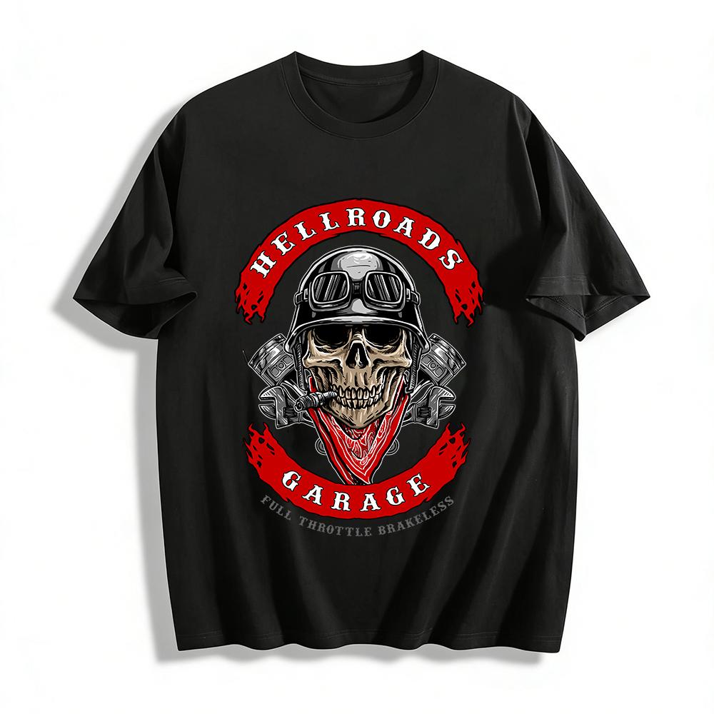 Hellroads Garage Skull Biker Tee Full Throttle Brakeless Motorhead Top Pure cotton T-shirt XXS
