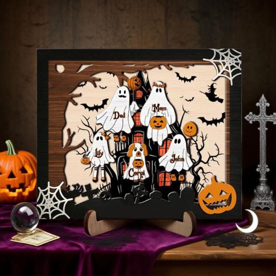 Halloweenská rodinná cedule s duchem Dřevěný fotorámeček s duchem Stolní dekorace pro Halloween Selský police Stolní domácí dekorace