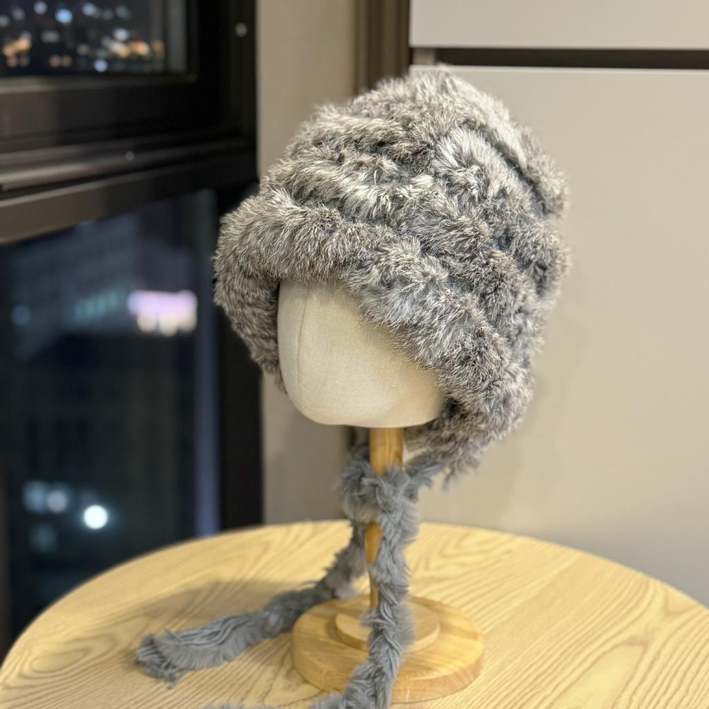 Rabbit fur thick plush ear protection hat, autumn and winter thick warm tassel knitted hat, large head circumference fluffy hat