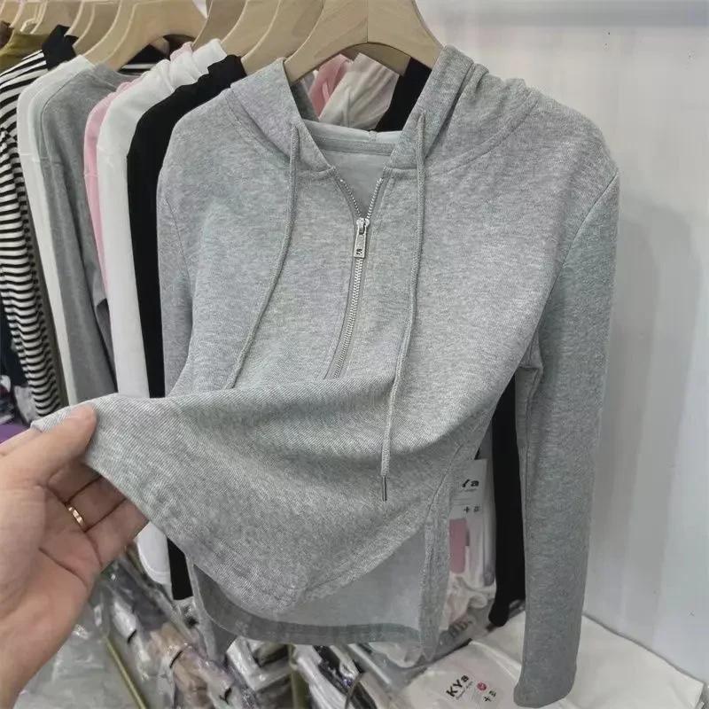 Женская белая футболка с капюшоном и длинными рукавами на полумолнии - веснаосень 2024 г базовая рубашка большого размера S светло-серый 1279₽