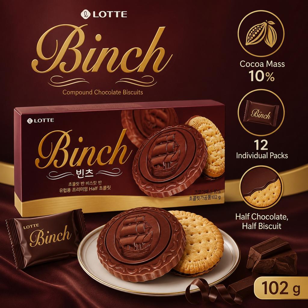 Lotte Binch Compound Chocolate Biscuits 102g | Crispy Biscuit Texture, Rich Chocolate Flavor, Convenient Snack