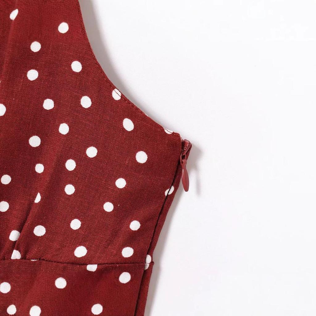 Women's Spring 2025 Polka Dot Spaghetti Strap Midi Dress with Slit Design