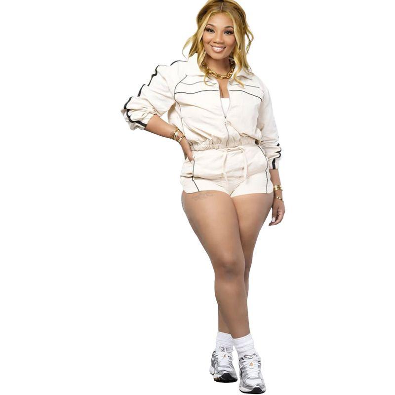 

European and American Women clothes Spring/Summer Sexy Gyaru Long sleeve Zip-up Contrast Color Ribbon Shorts Two-piece Set Casual Suit Apricot color XXL