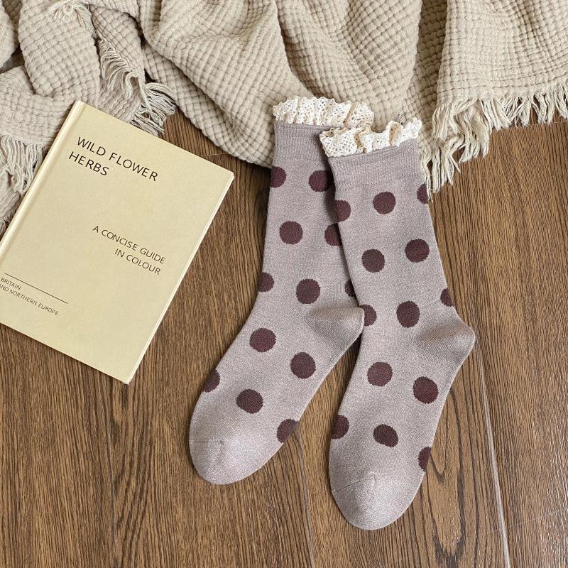 1 Paio Calzini Lolita con Volant di Pizzo da Donna Pois Retro Streetwear Calzini a Tubo Medio Moda Ragazze Dolci Kawaii Carini Calzini Lunghi