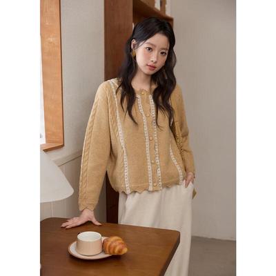 MiXiu Women's Lace Trim Cable Knit Cardigan