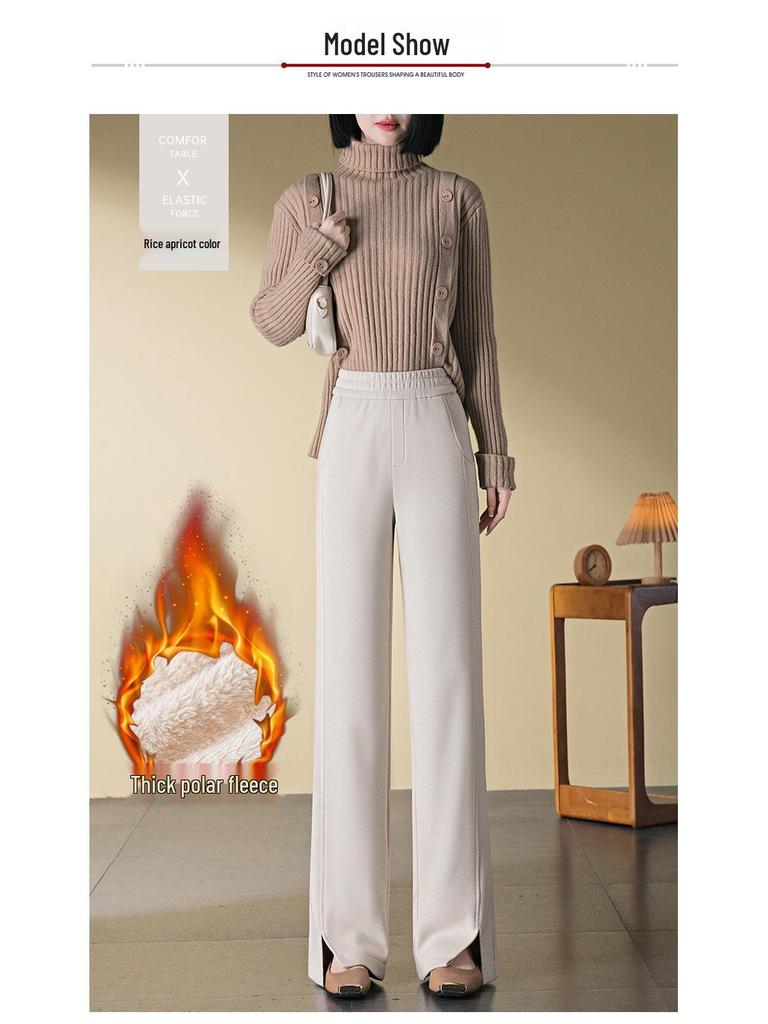 Women's Wool Blend Elastic Waist Pants: Straight, Narrow, and Wide Leg - Slimming, Plus Velvet, Plus Thick, Winter 2024 Style, Casual and Long.