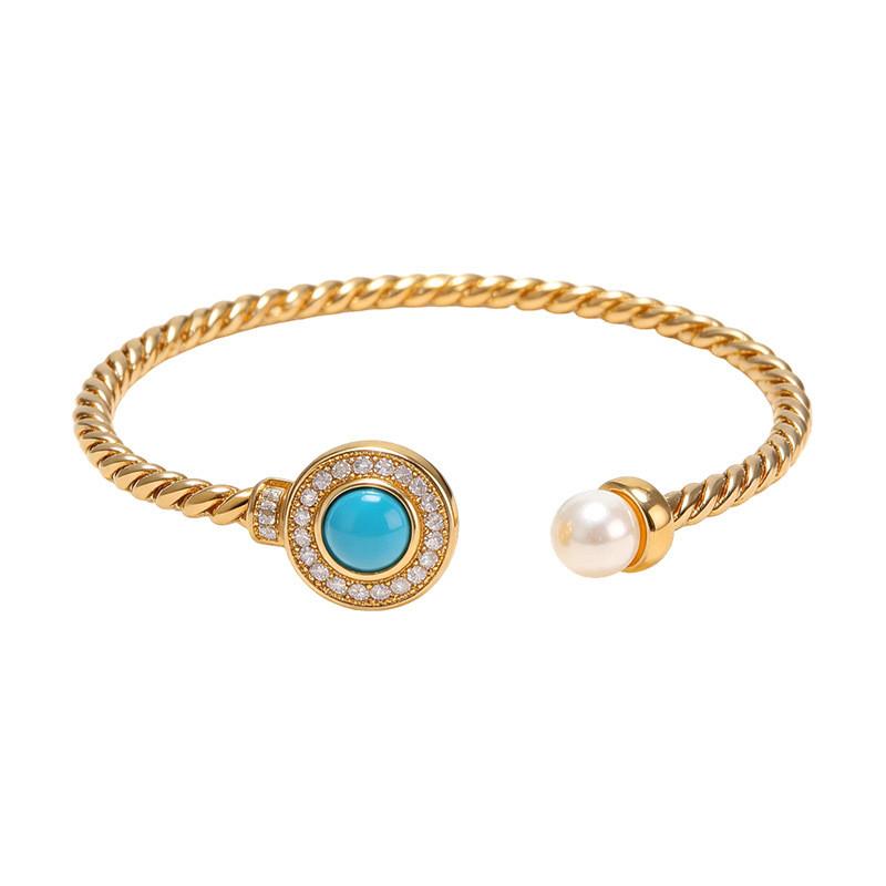 Art Deco Copper Bracelet With Zircon And Pearl In Gold Finish For Elegant Women