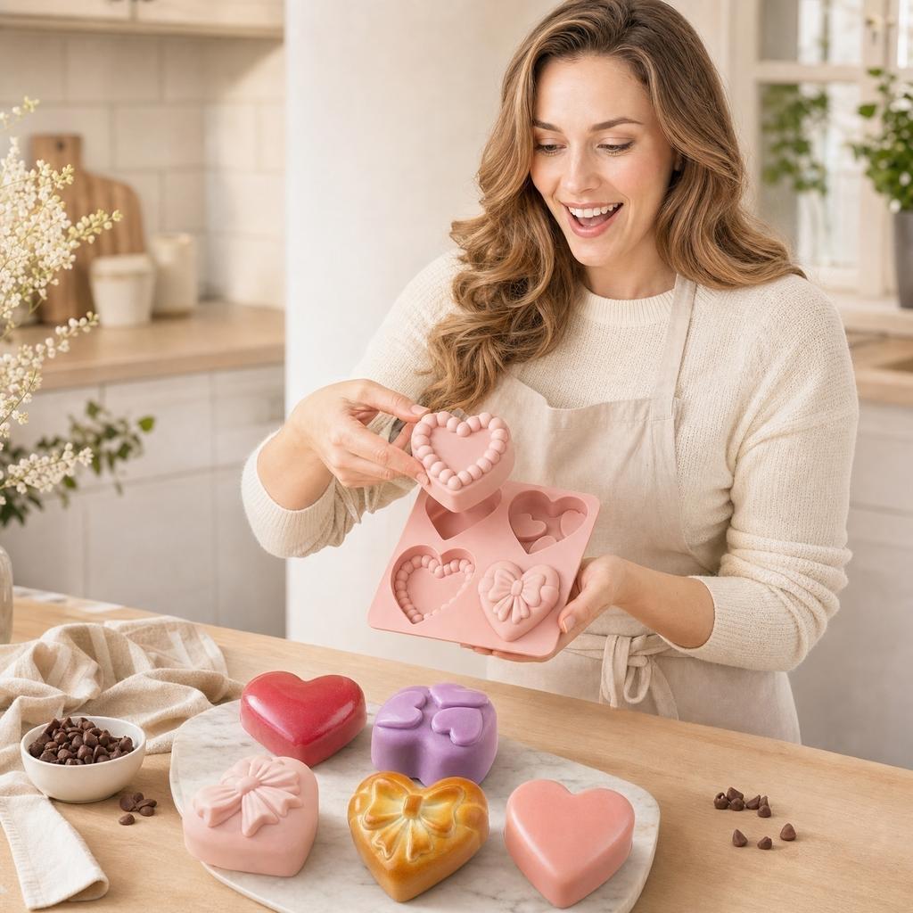 Silicone Heart Mold Set for Baking Soap Making Resin Crafting 4 Cavities Heart Shaped Silicone Mold for Handmade Soap Candle Making and Baking Tools