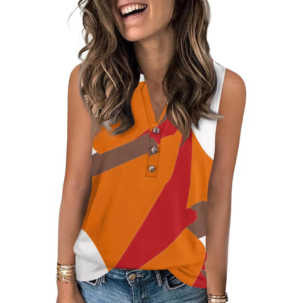 Women's Casual Fashion Summer Color Block Stitched Print Tank Top V-neck Sleeveless Button Top