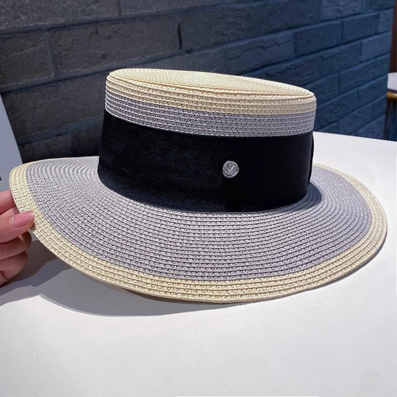 Niche Chic Flat Top Straw Hat Women's Summer Versatile Big Brim Sun Hat British Retro M Standard Top Hat