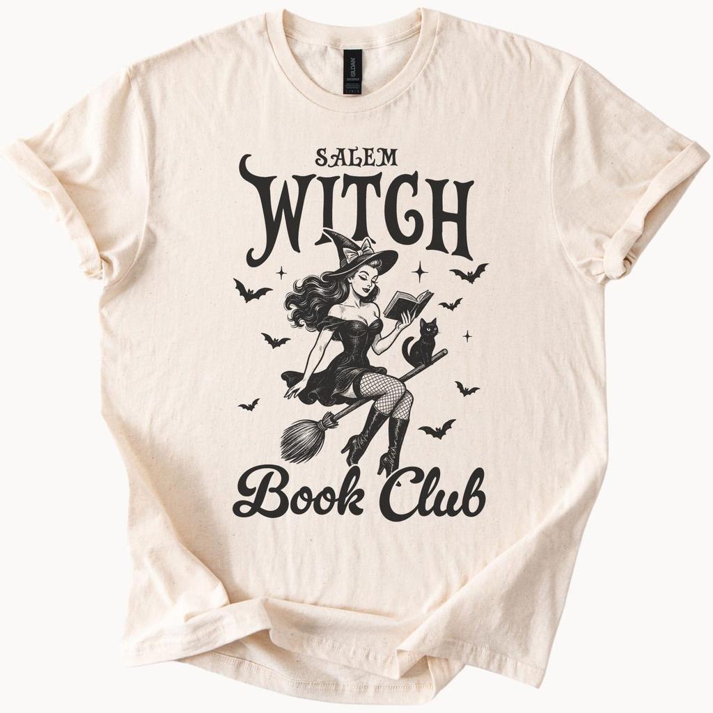 Salem Witch Book Club T Shirt Retro Halloween Witch Riding Broomstick Reading Graphic Tee Cat Bats Spooky Fall Shirt Cute Witchy Top