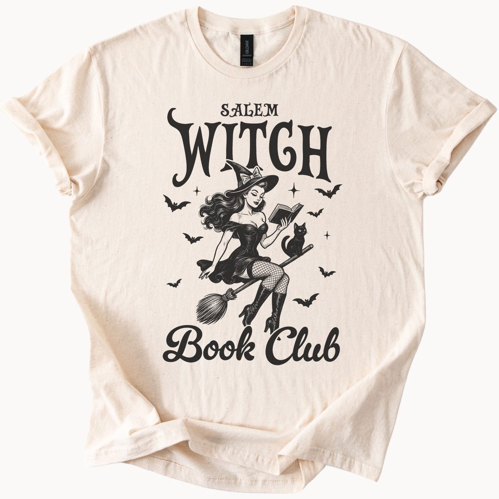 Salem Witch Book Club T Shirt Retro Halloween Witch Riding Broomstick Reading Graphic Tee Cat Bats Spooky Fall Shirt Cute Witchy Top 100