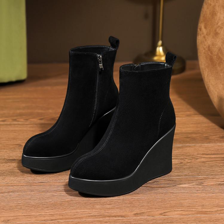 10Cm leather wedge heel short boots 2025 autumn and winter new small thick bottom side zipper super high heel pointed thin boots