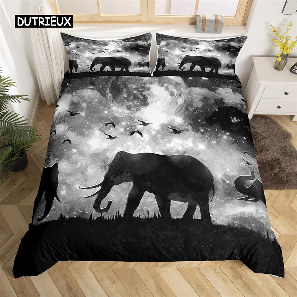 Green Grass Elephant Duvet Cover Set Microfiber Safari Animals Bedding Twin Double Bedroom Decor