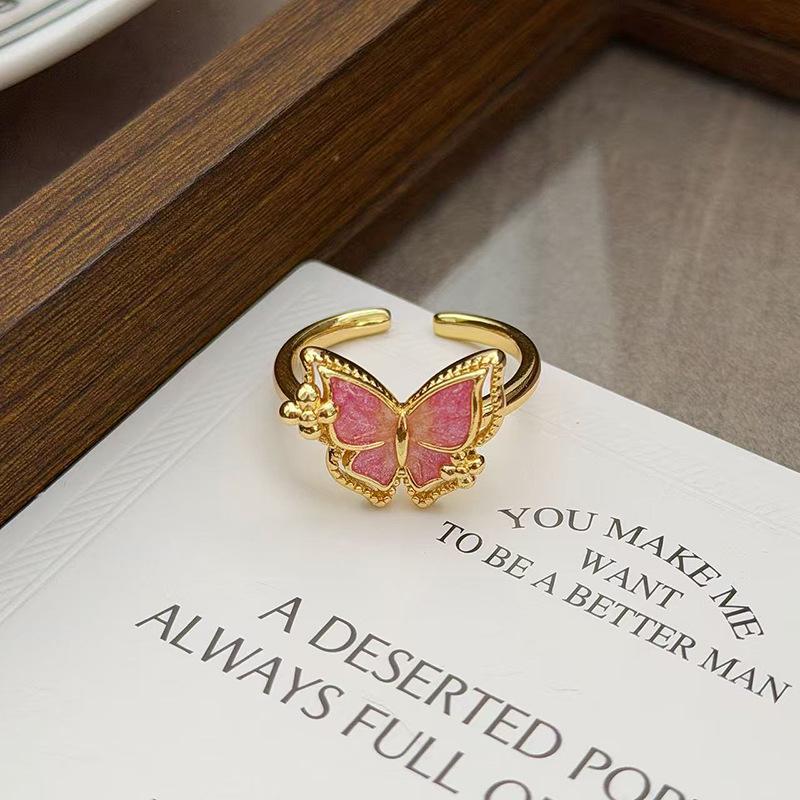 Medieval Vintage Gold Enamel Flower Butterfly Zir*****Pening Ring Retro Light Luxury High Sense Ring Woman Adjustable opening
