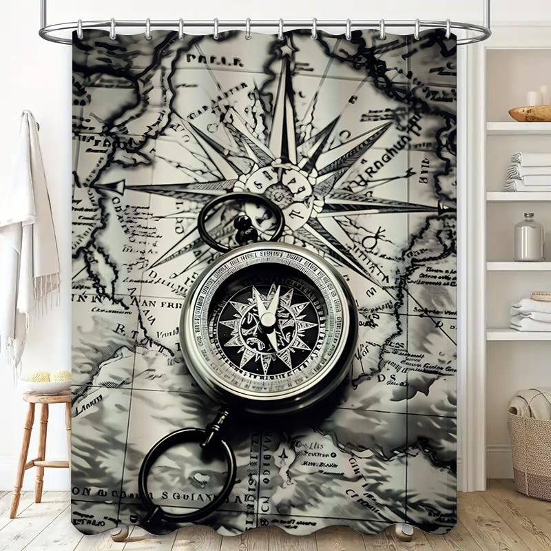 Luxury Compass Map Shower Curtain Set Waterproof Decorative Bath Rugs For Bathroom Home Decor In Black White Style