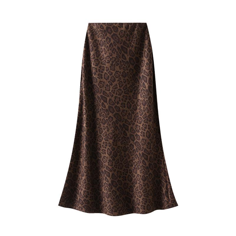 Midi Skirts for Women Elasticized Waistband A Line High Waisted Silk Long Skirt for Fall Winter Women's Leopard Print Flowy Cocktail Maxi Satin Skirts