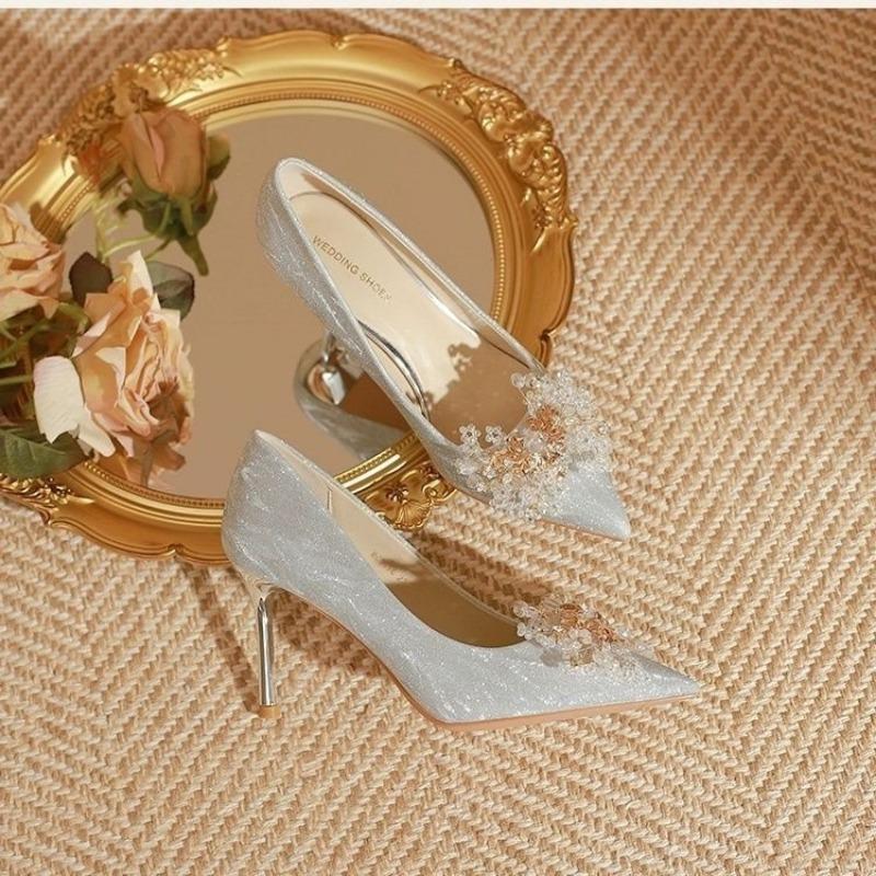 High heels women's thin heels pointed wedding shoes silver feeling not tired feet bride shoes Hexiu wedding dress two wear