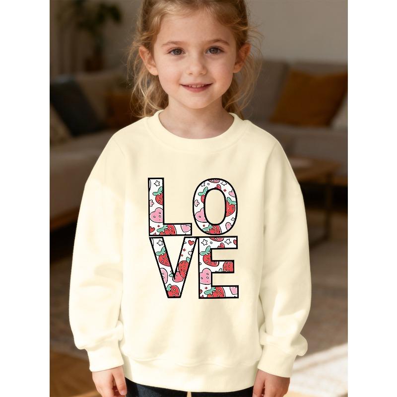 Kids Unisex Crewneck Sweatshirt, Strawberry Heart LOVE Letter Print Long Sleeve Pullover, Soft Fleece Kids Sweatshirt For Boys Girls Over 4 Years Old