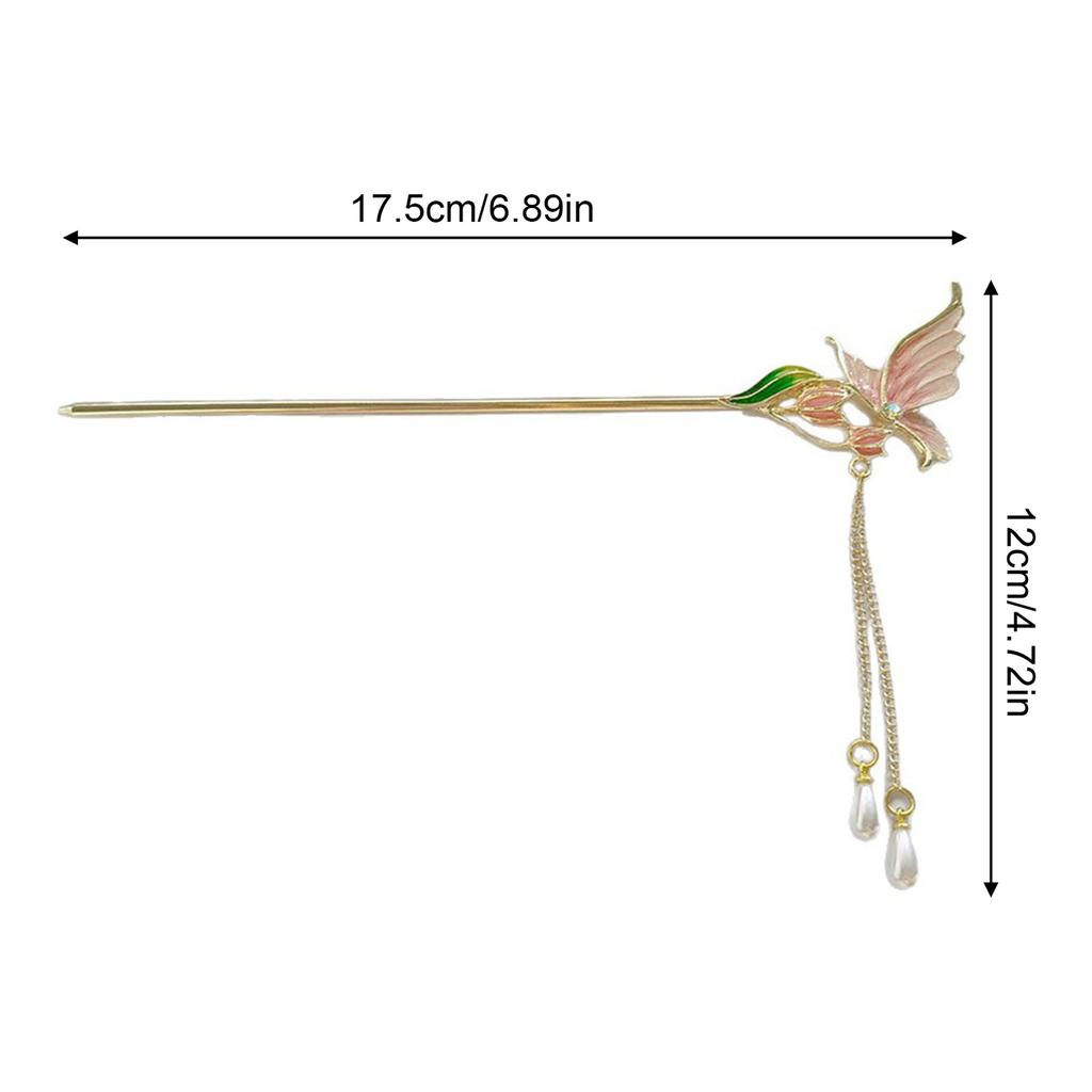 Elegant Hair Accessory Trendy Oil Dripping Butterfly Pearl Tassel Hair Stick Exquisite Updo Meatball Head Decor Hairpins