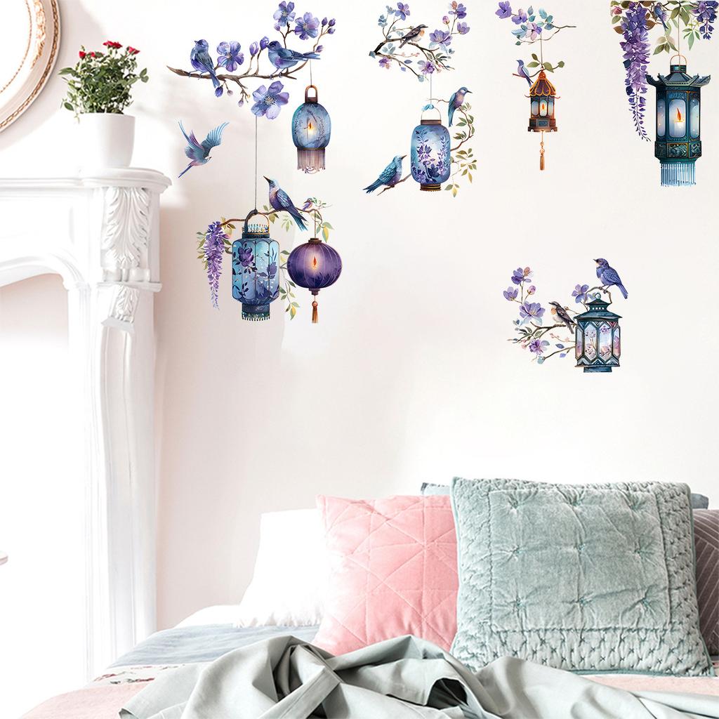 Wall Sticker Purple Flower Bird On Branch Decoration for Bedroom Living Room Background Self Adhesive Removable
