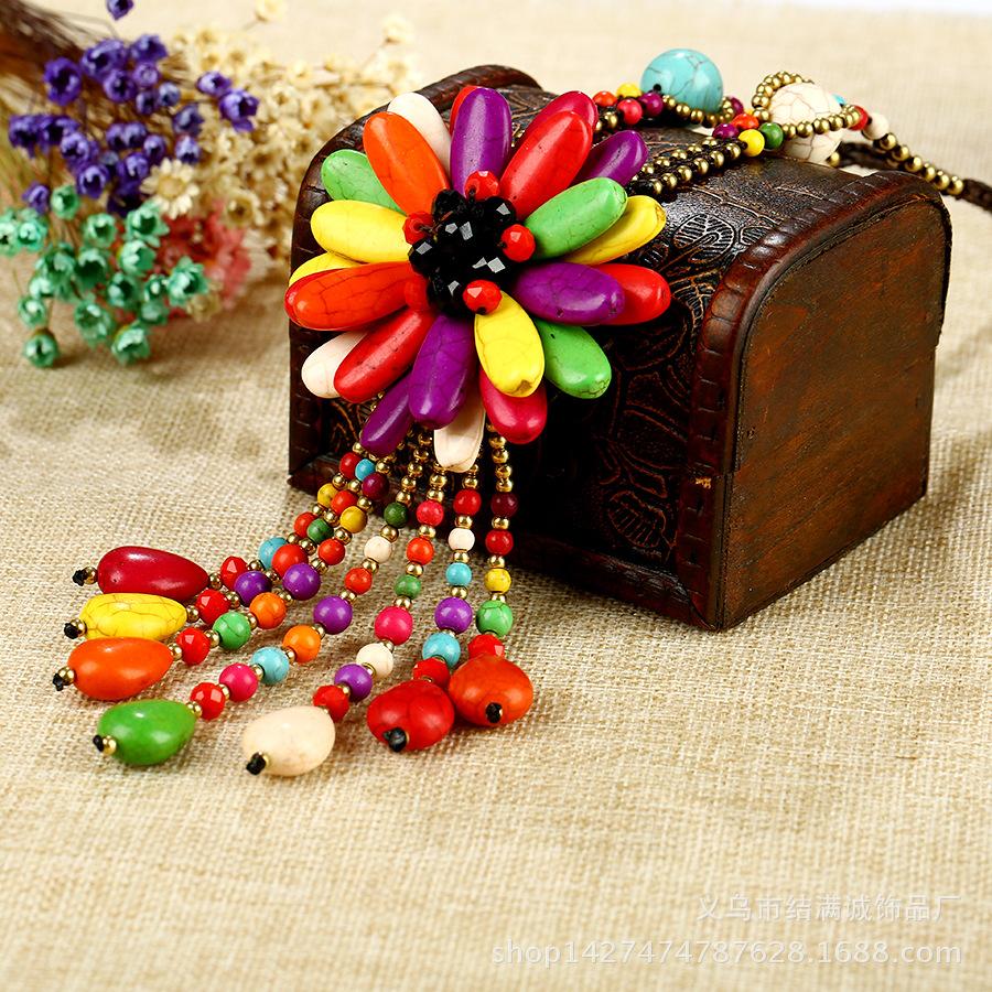 

Длинное ожерелье из натурального камня в стиле бохо, женская ретро вощеная веревка, ручная работа, цепочка для свитера с цветком