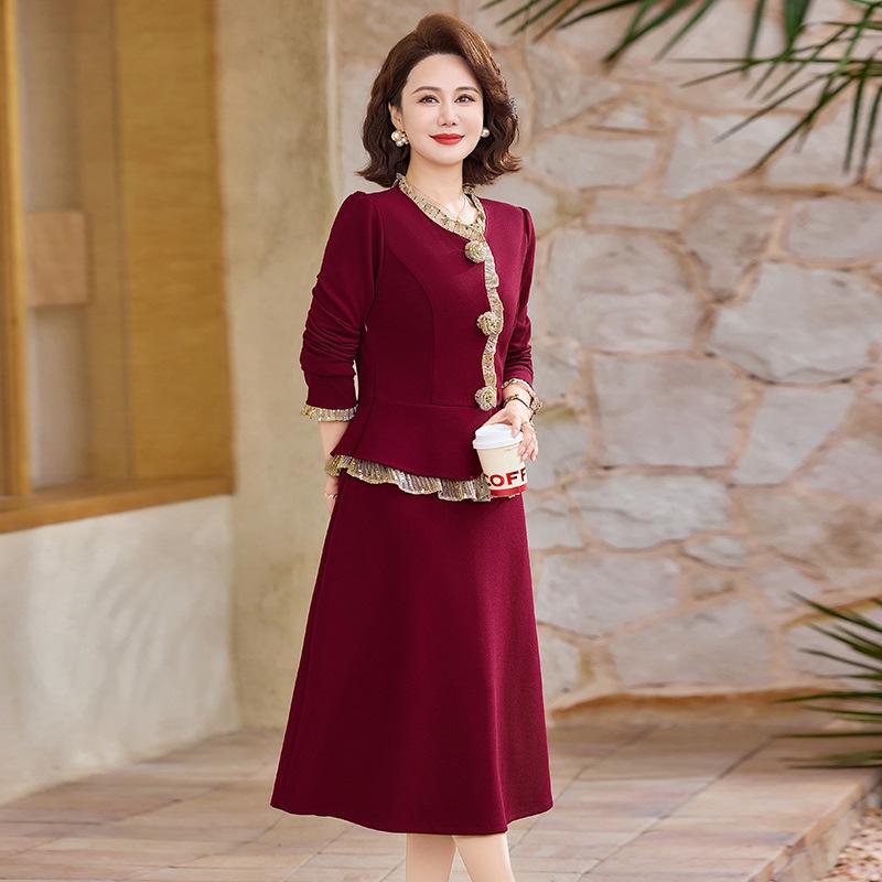

Spring 2026 New Arrivals: Elegant Slimming Long-Sleeve Dress for Middle-aged & Elderly Women - Perfect for Weddings & Formal Occasions. XXXL (120-130 jin) вина червоного кольору