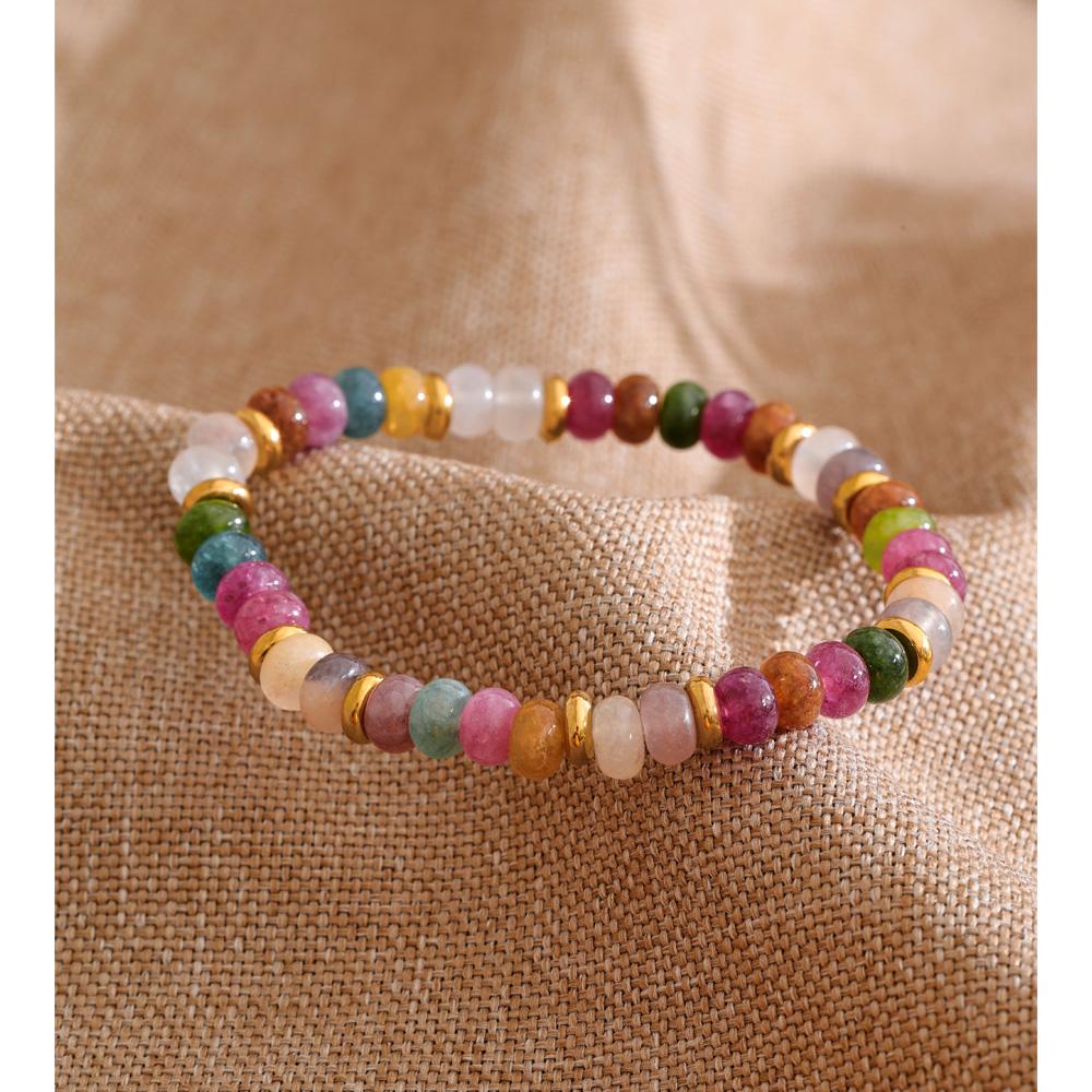 Yhpup Stone Beads Bracelet Bangle for Women Stainless Steel Colorful Natural Agate Handmade Elastic Fashion Manual Jewelry Gift
