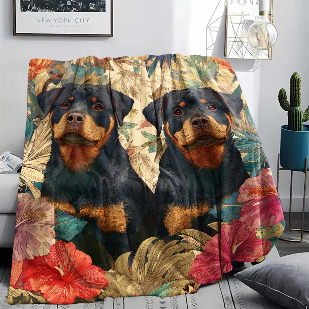 Rottweiler und Blätter, Muster Flanelldecke, Hohe Qualität, Bequem für alle Jahreszeiten, Heimdekoration, Wärme und Komfort, Perfekt für Geschenke.