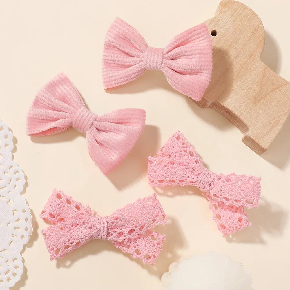 4PCS/Set Solid Color Lace Hair Bows Clips for Girls Lovely Handmade Bowknot Barrettes Hairpins Headwear Kids Hair Accessories