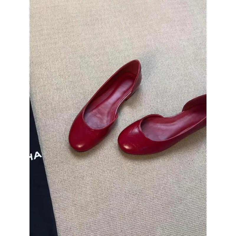 Cowhide version~ Simple round head shallow mouth side empty ballet shoes women's new versatile inner height-increasing commuting shoes