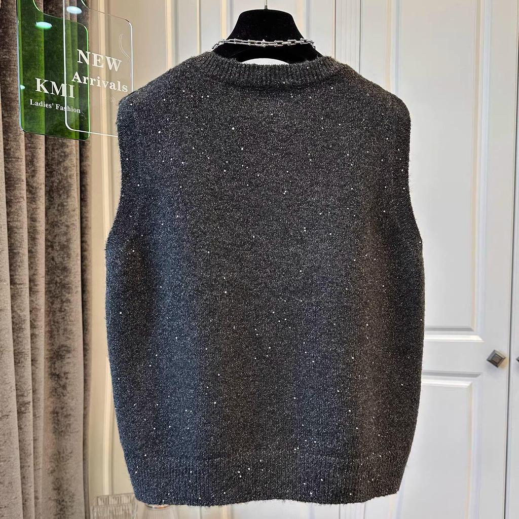 Chic Sequin Sleeveless Knitted Cardigan for Women - Loose Plus Size Layering Top for Spring/Autumn