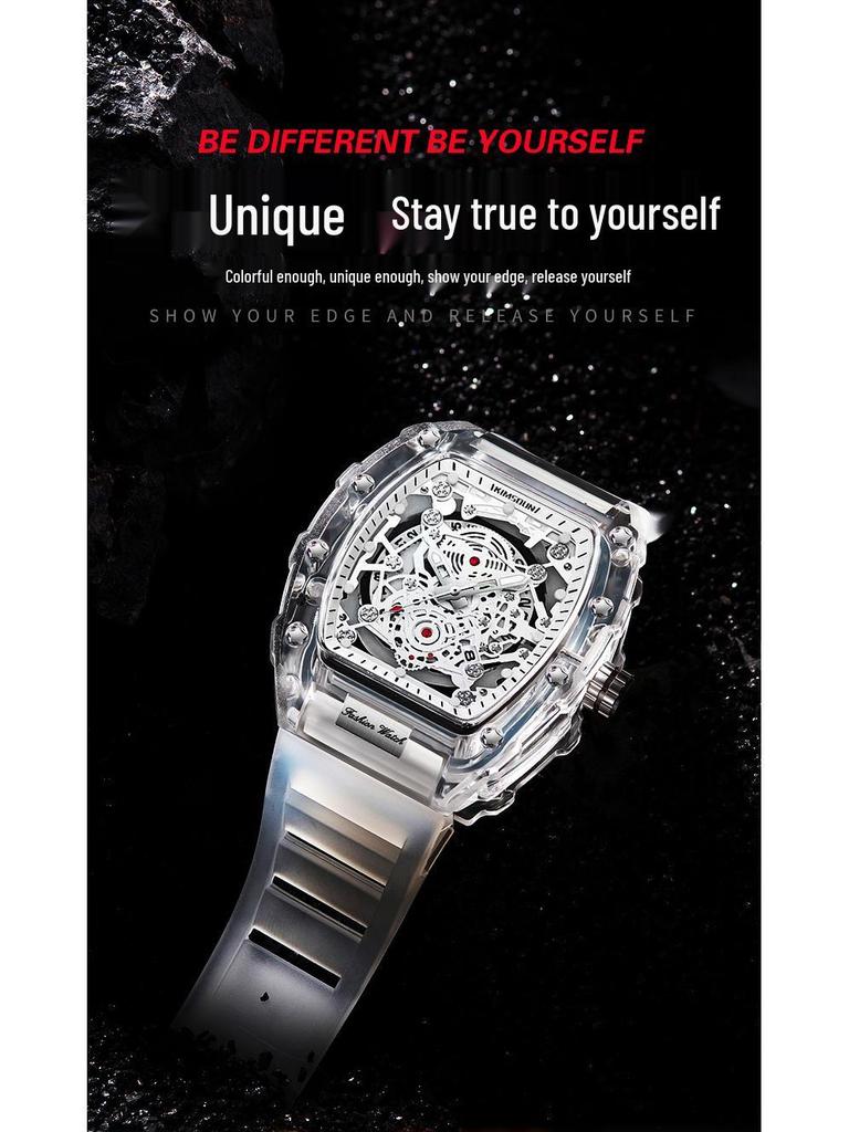 Men's Transparent Barrel-Shaped Quartz Waterproof Wristwatch