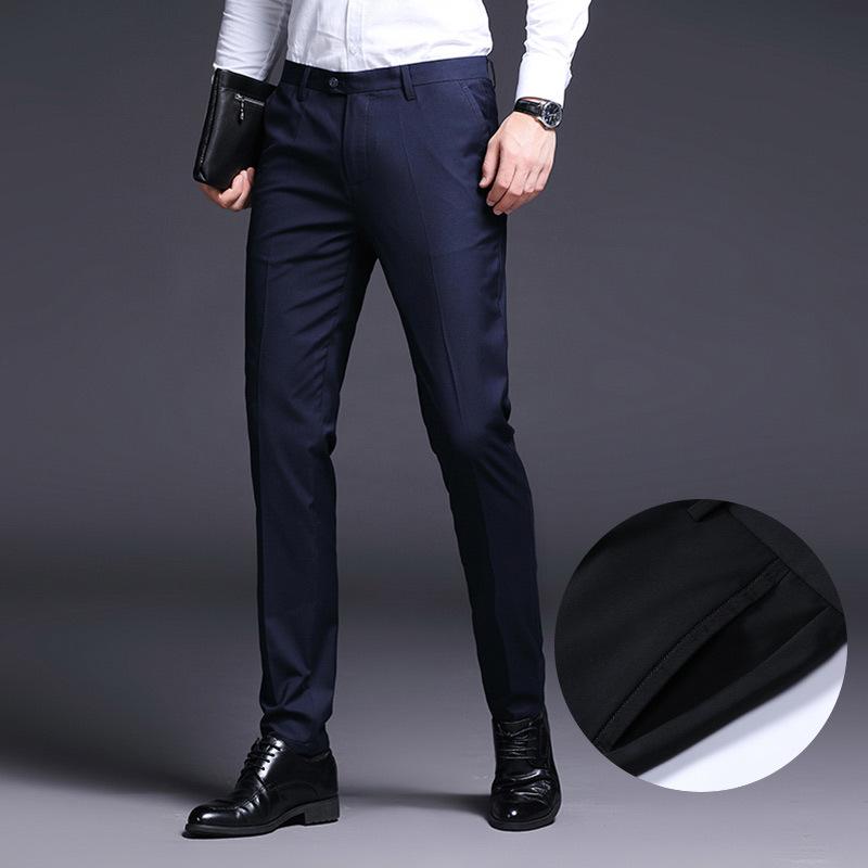 Men's Elastic Slim Fit Business Casual Black Straight-Leg Trousers