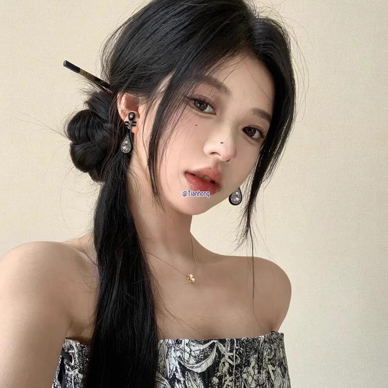 925 Silver Retro Black Pipa Earrings for Women – National Style Stud & Dangle Cheongsam Accessories