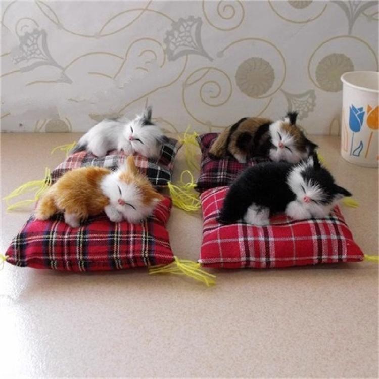 Simulation Cats Doll Ornament Realistic Furry Plush Animal with Cushion Mat Desktop Doll for Home Bedroom Decoration