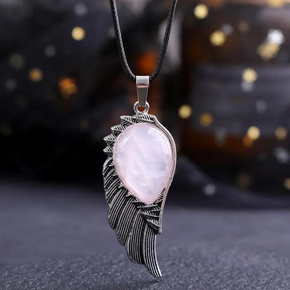 Natural Crystal Necklace Angel Single Winged Pendant Natural Gem Necklaces Jewelry Healing Stone Necklaces for Women Angel Wings