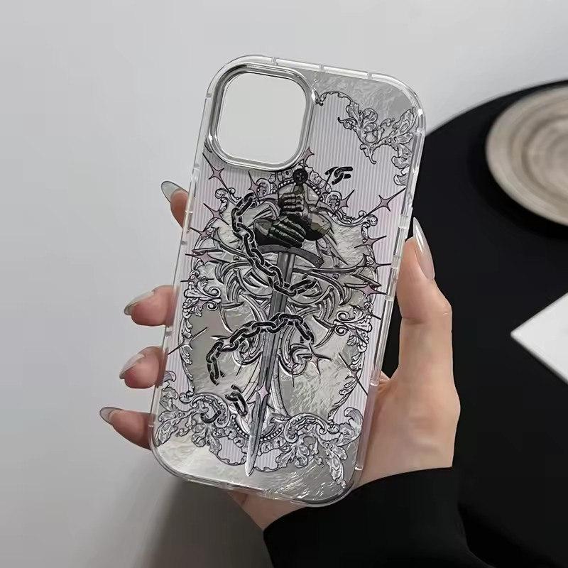 Retro Riddarsvärd Mönster Telefonfodral för iPhone 16/15/14/13/12 Pro Max Plus & 11 - Tennfolietextur Aurora Vintage Mjuk Skal Skydd