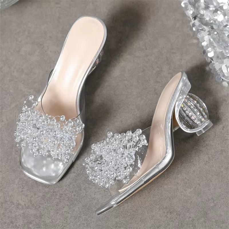 

Eilyken Summer Pearl Flower Women Slippers Design Style Square Toe Crystal Round Heels Shoes Slides Zapatos De Mujer 36