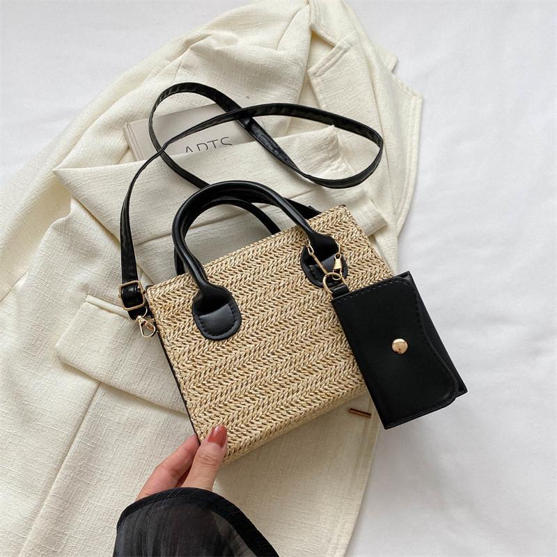 Stylish Summer Woven Handbag For Women Featuring Trendy Color Block Design чёрный