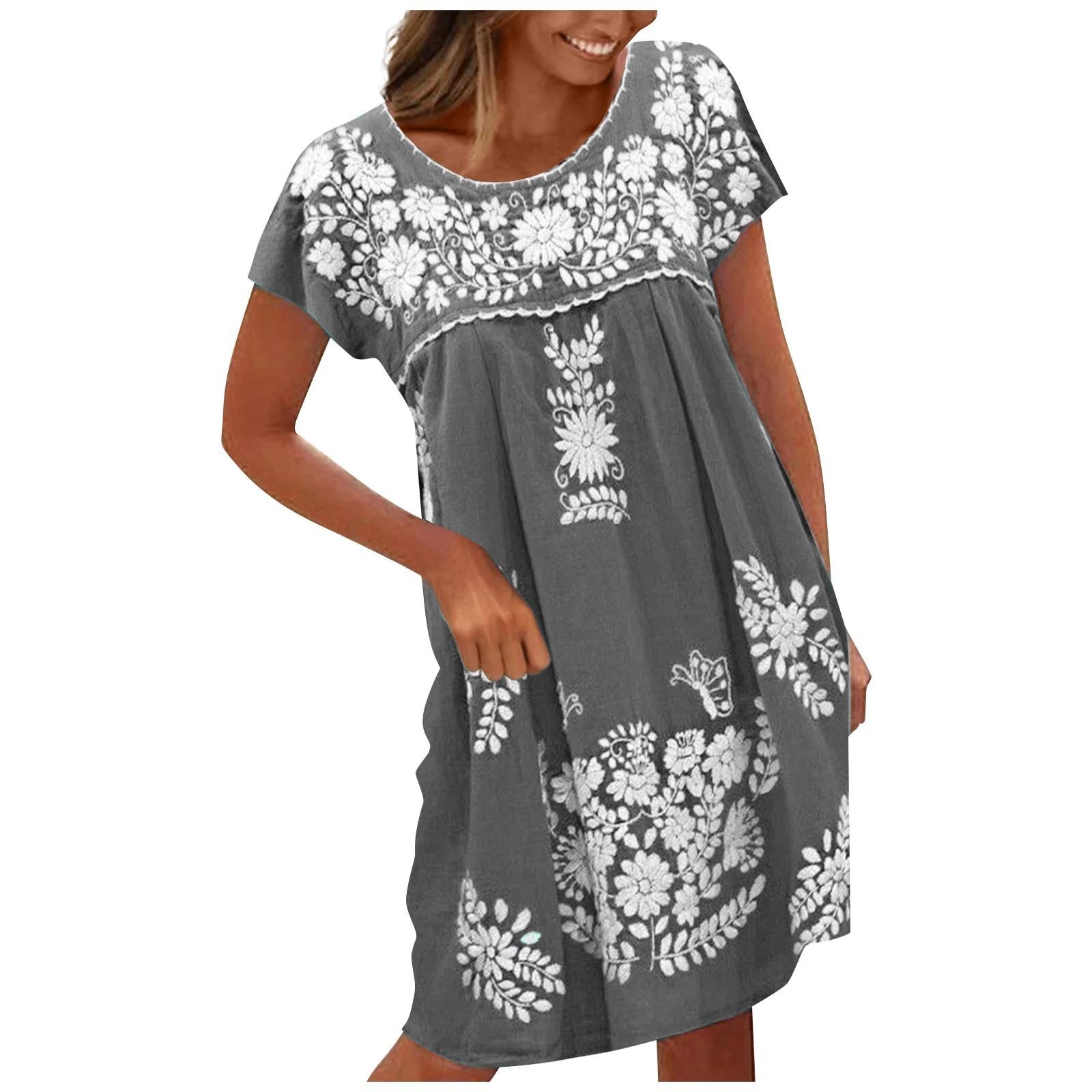 

Женское летнее свободное платье с круглым вырезом в этническом стиле с круглым вырезом и коротким рукавом реглан S