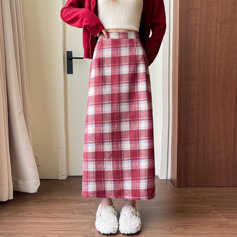 Tweed Package Hip Skirt Autumn and Winter Retro 2025 New Mid-length Skirt Women's Versatile High-waisted Skinny A-line Plaid Bustier