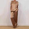 Casual Loose Satin T Shirt And Pants Two Piece Sets Women Summer Solid Short Sleeve T Shirts Suit Elegant Wide Leg Pants Sets