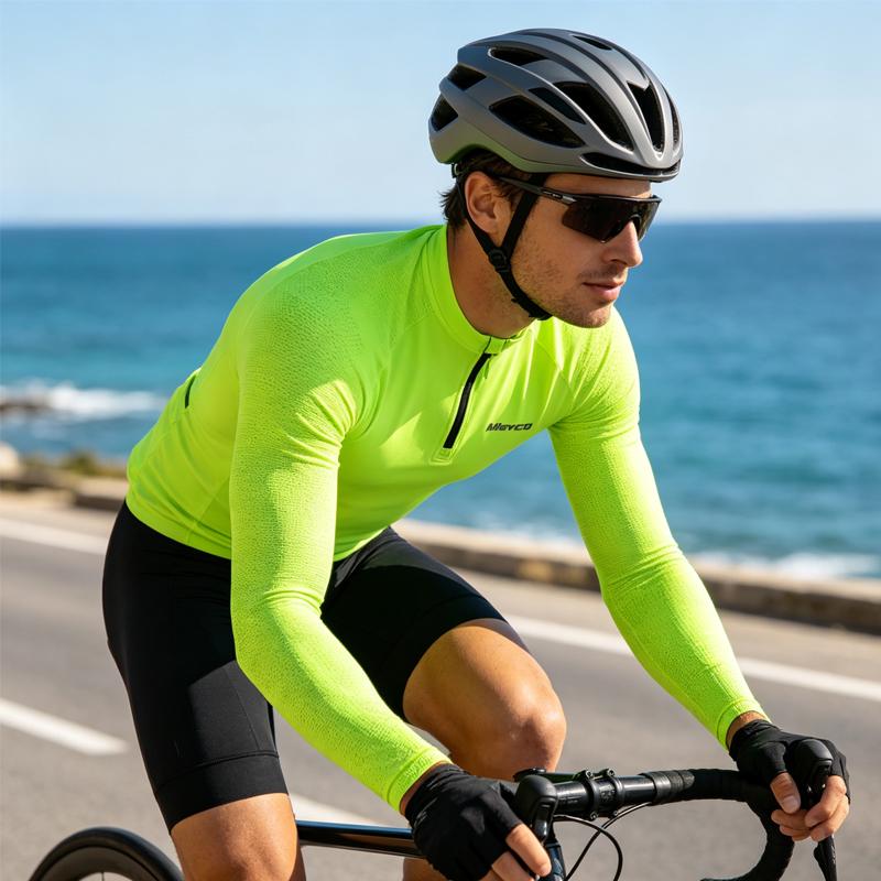 Summer Men's Long Sleeve Cycling Jersey, Half Zip Breathable Mesh Bike Shirt, Fluorescent High Visibility Road Biking Top