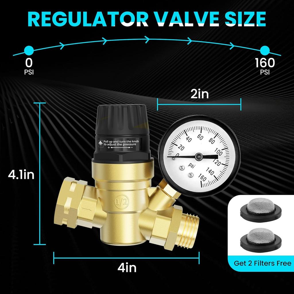 Regulator Ciśnienia Wody w Kamperze Mosiądz Bezołowiowy Regulowany Reduktor Ciśnienia Wody Ze Wskaźnikiem i Filtrem Siatkowym Zastosowanie w Systemie Wodociągowym Kampera, Przyczepy, Kampera