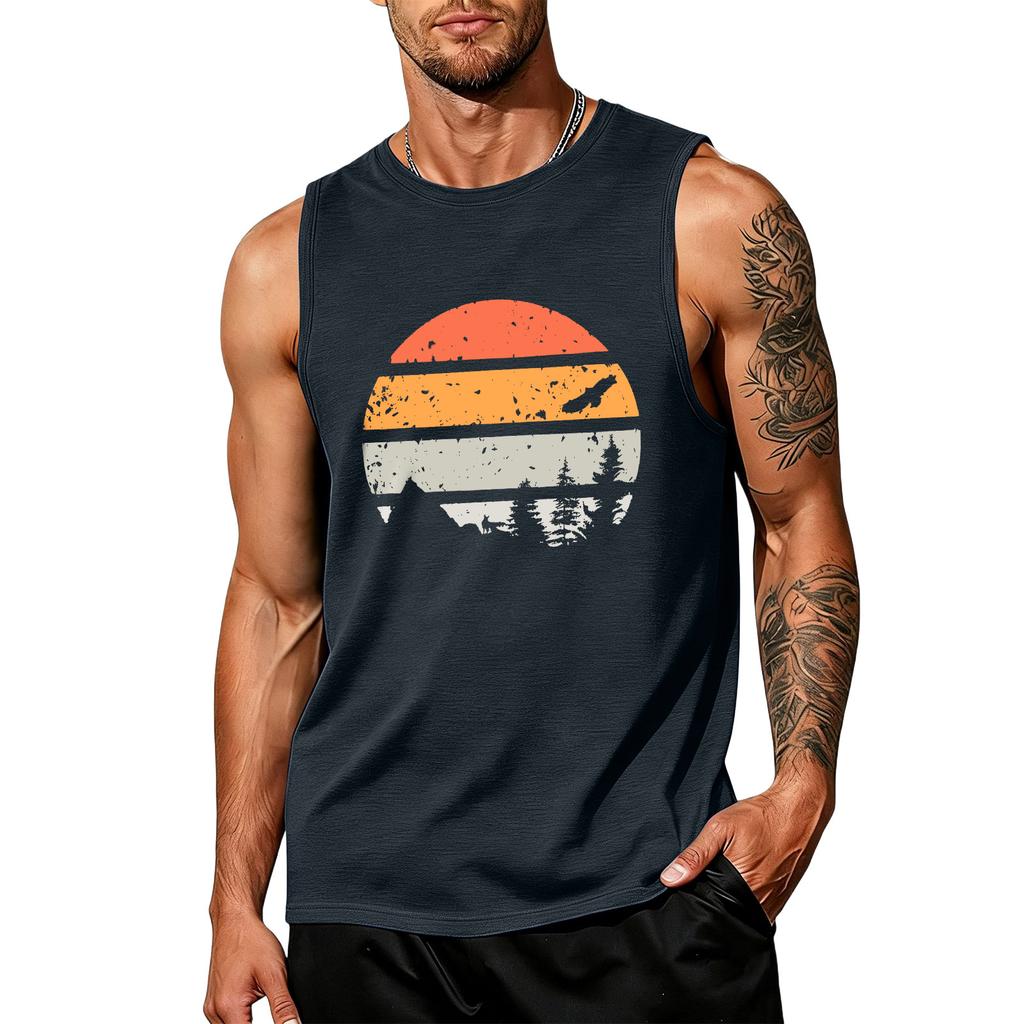Mens Sleeveless Tank Top Crew Neck Graphic Print Vintage Style Casual Loose Fit Comfortable Shirt