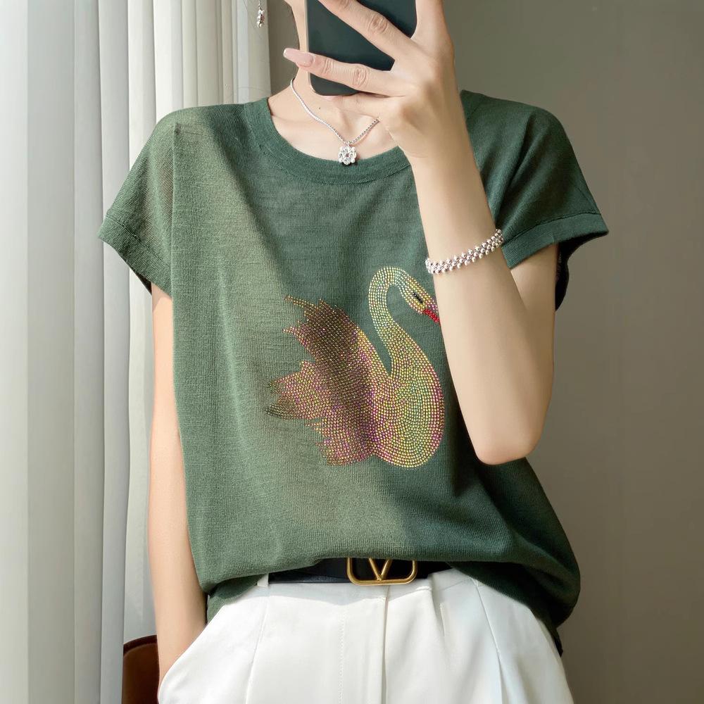 

Women s Summer Slub Linen Rhinestone Short Sleeve Round Neck Top L (110-125 jin)
